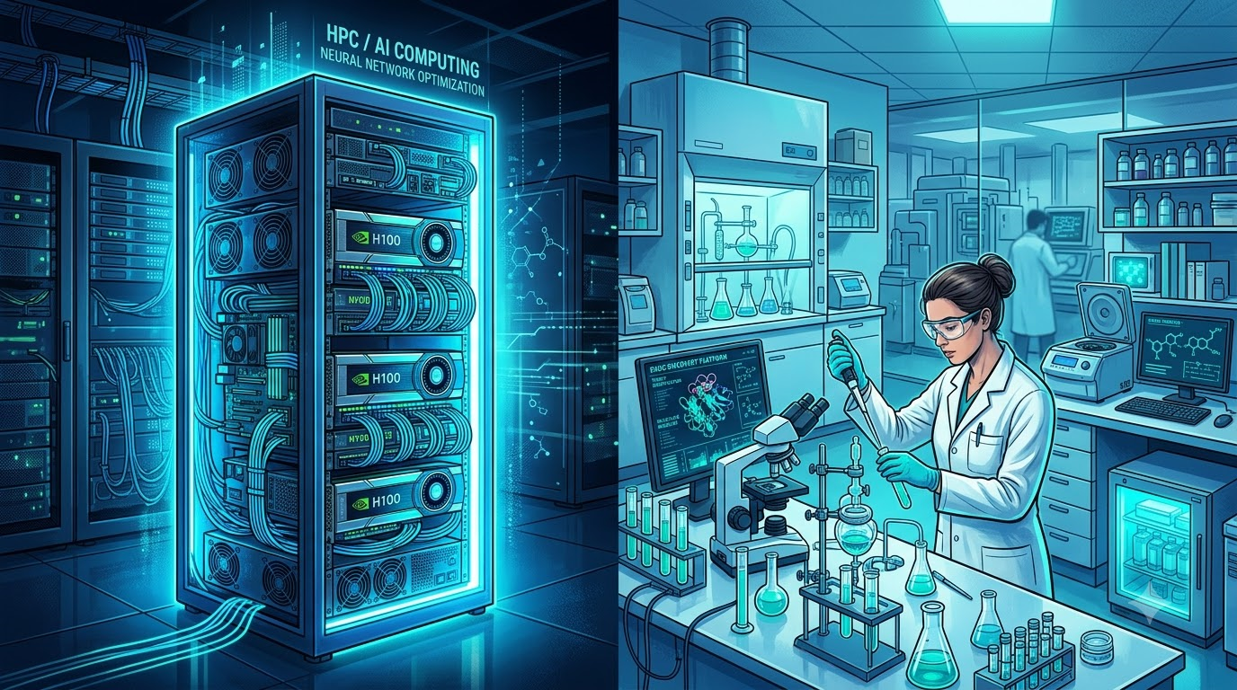 GPU 서버랙과 신약 연구실 이미지를 나란히 배치한 성장 테마 일러스트