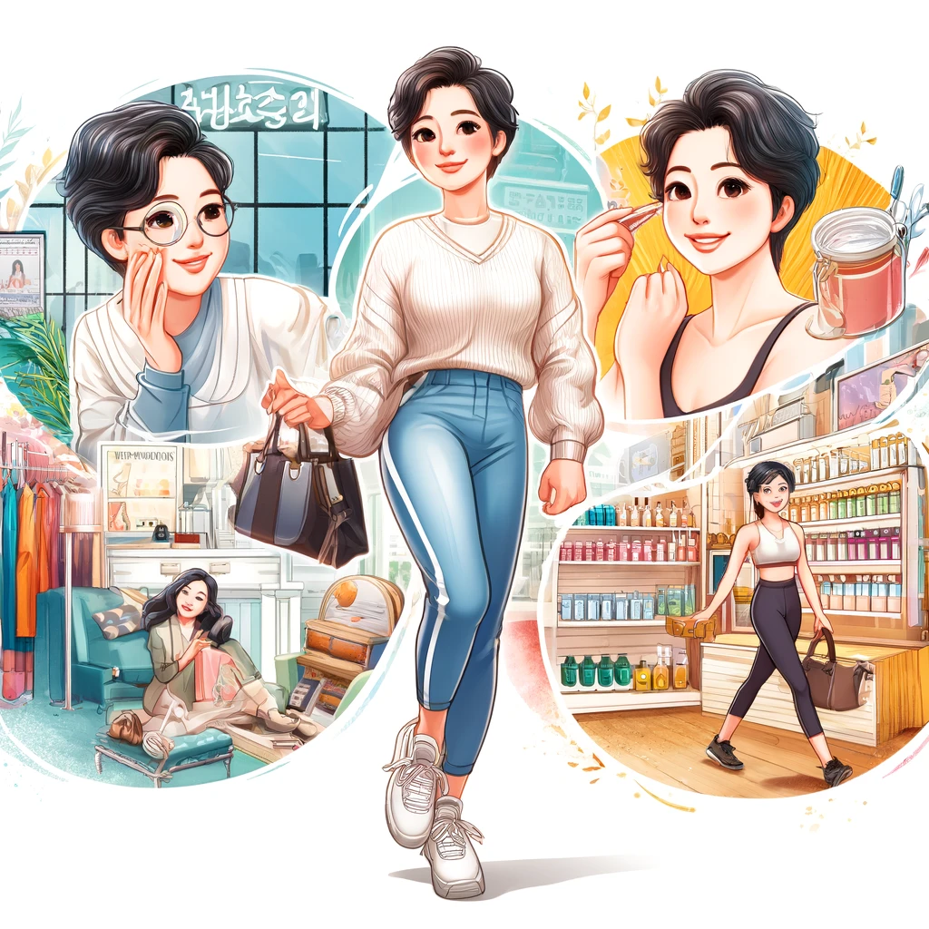 나이보다 젊어 보이기 위해 피부관리와 운동&#44; 식단 조절 등을 하고 있는 모습을 표현한 그림