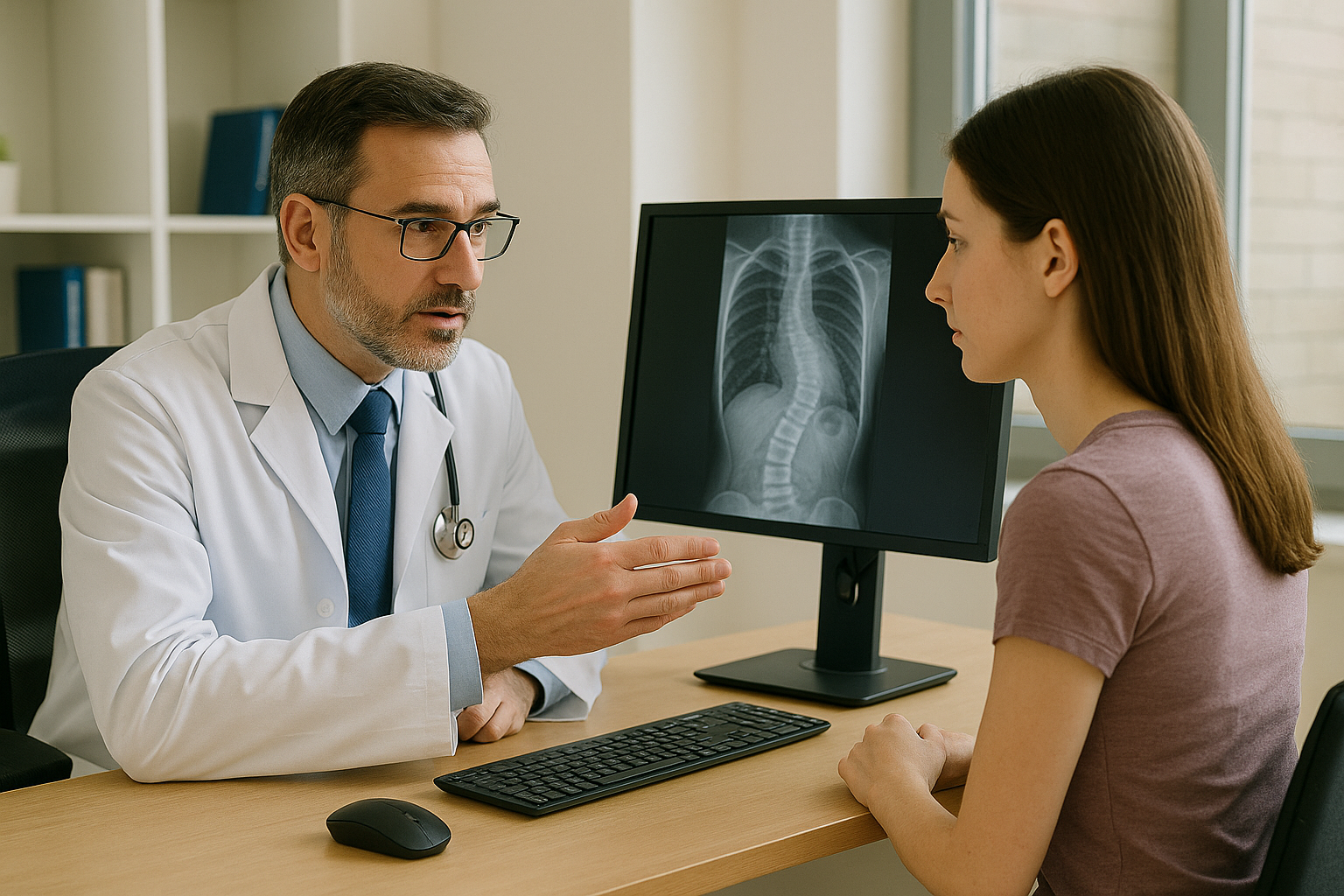 측만증 여성 환자가 전문의에게 상담을 받고 있는 이미지