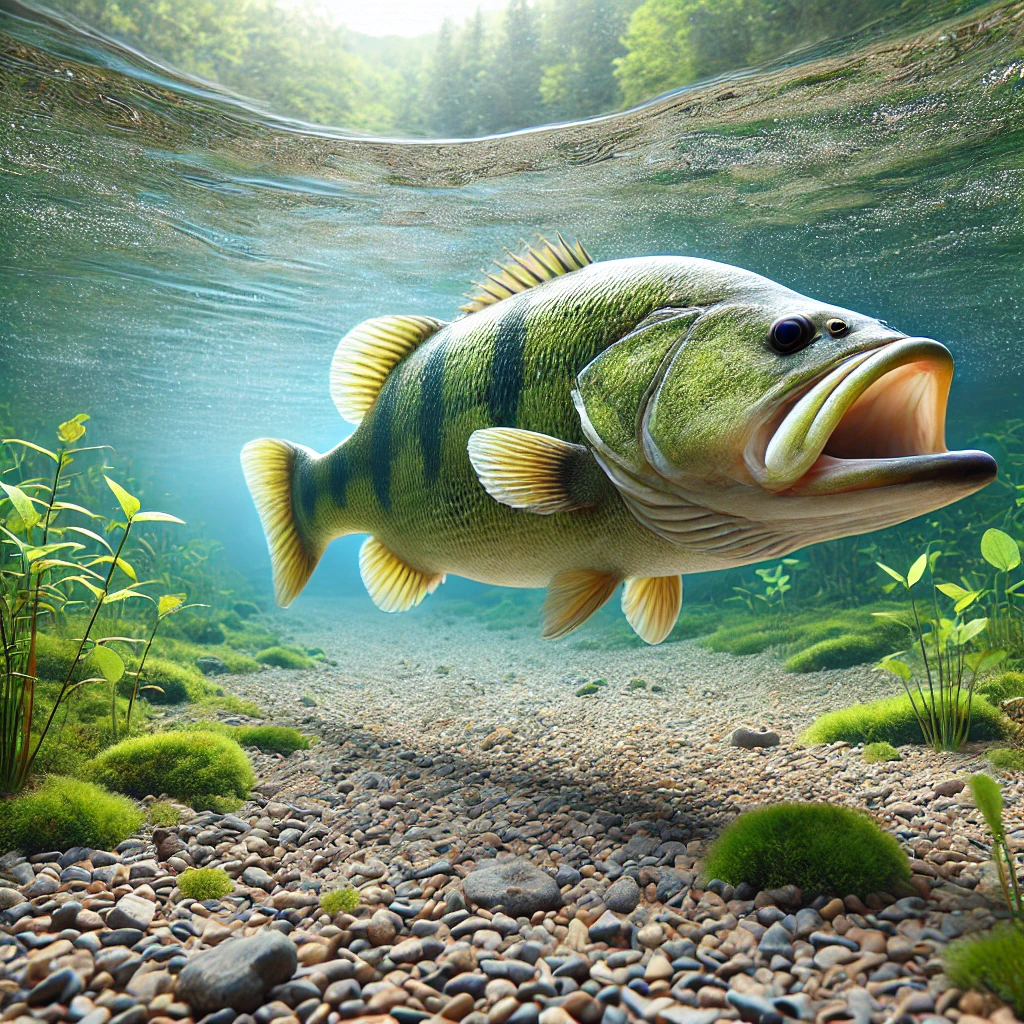 맑은 담수 호수에서 헤엄치는 큰입우럭(Micropterus salmoides)의 모습. 물고기는 큰 입, 초록빛 몸, 그리고 어두운 가로줄 무늬가 특징적이며, 주변에는 수초와 자갈로 이루어진 자연스러운 환경이 배경으로 보입니다. 고요한 담수 생태계를 잘 보여주는 장면입니다.