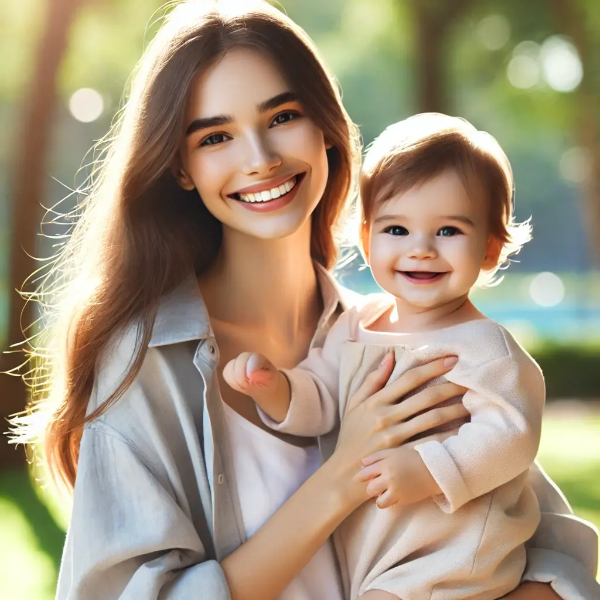 밝은 공원에서 아기를 안고 미소 짓는 젊은 엄마의 따뜻한 초고해상도 사진