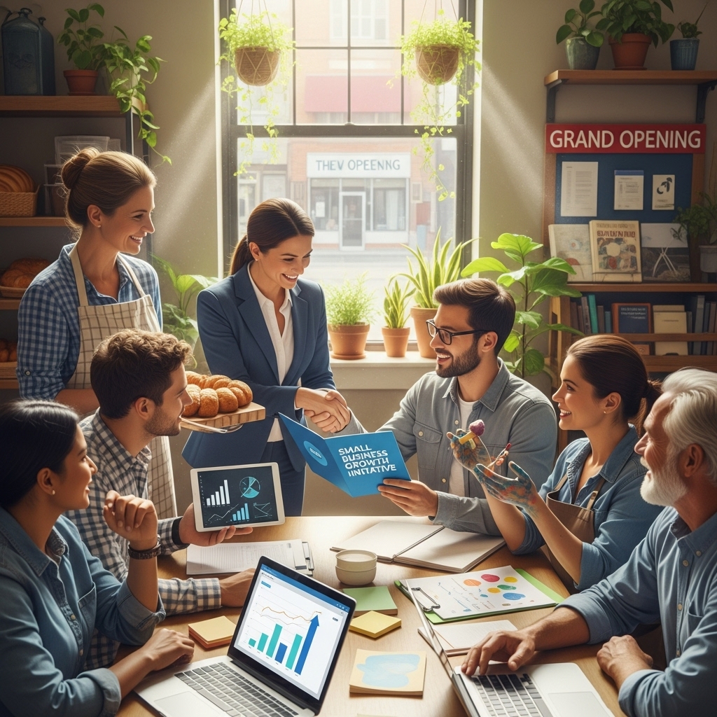 다양한 소상공인 사업 유형과 창업 자금, 운영 자금, 디지털 전환 등 필요한 정책자금을 시각적으로 연결한 이미지