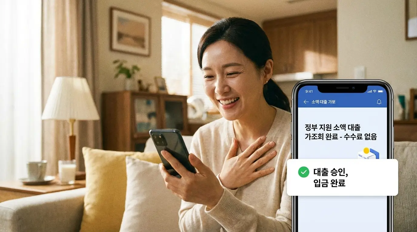 스마트폰으로 안전한 정부 지원 소액 대출을 가조회하여 수수료 없이 급전을 마련하고 안도하는 소비자의 모습