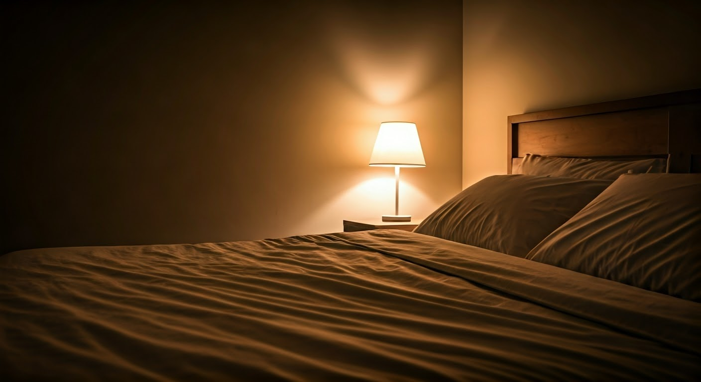 따뜻한 간접등만 켜진 침실