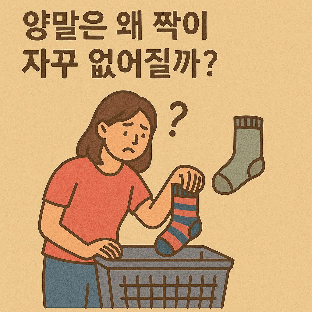 양말은-왜-짝이-자꾸-없어질까라는-질문을-표현한-일러스트로-빨래바구니를-든-여성과-사라진-양말을-강조함