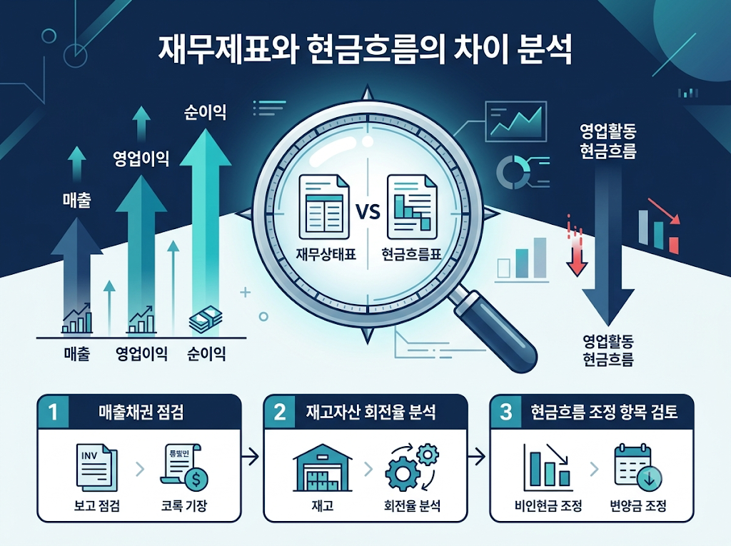 이익은 증가했지만 영업활동 현금흐름이 감소한 기업의 재무제표를 교차 검증하는 과정