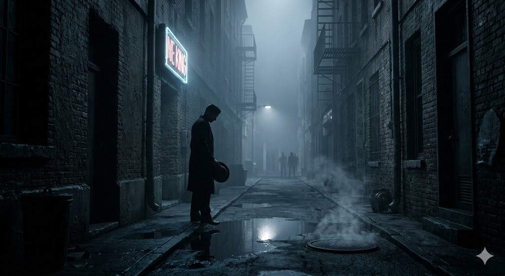 An image of a misty urban back alleyway at night, conveying a cold and mysterious film noir atmosphere. A silhouetted man in a trench coat stands under a glowing neon sign while three blurred figures are visible in the foggy distance.