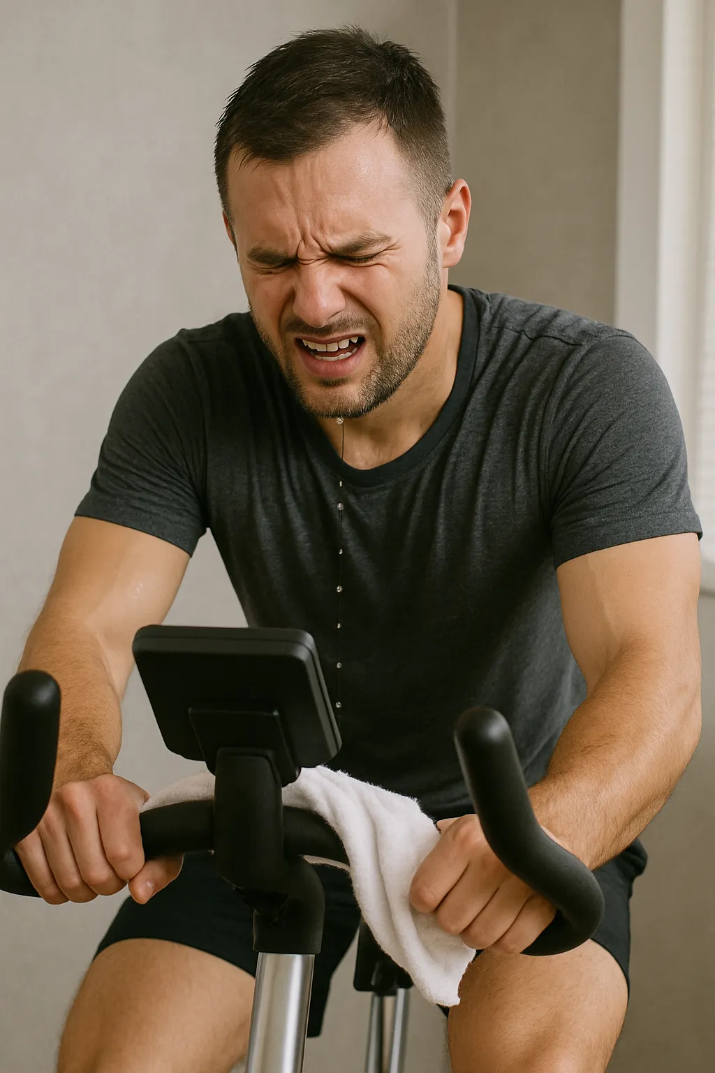 실내-자전거를-타며-땀을-흘리는-사람의-운동-장면