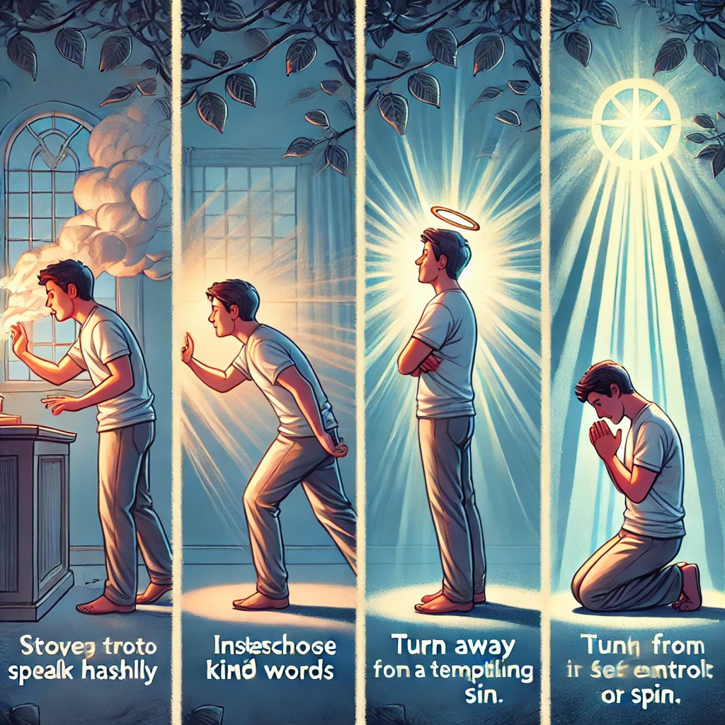 성령님의 음성을 듣고 순종하며 죄에서 멀어지는 삶을 실천하는 모습이 담긴 이미지가 있습니다. 이 장면들은 즉각적인 순종이 어떻게 죄에서 멀어지고 축복을 누리는 삶으로 이어지는지를 강조하며, 성령님과 동행하는 삶의 은혜를 보여줍니다. 🙏✨📖