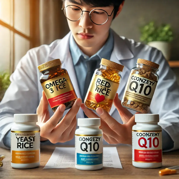 여러 종류의 콜레스테롤 영양제 제품 라벨을 꼼꼼히 확인하는 한국인, 안전하고 현명한 선택 컨셉