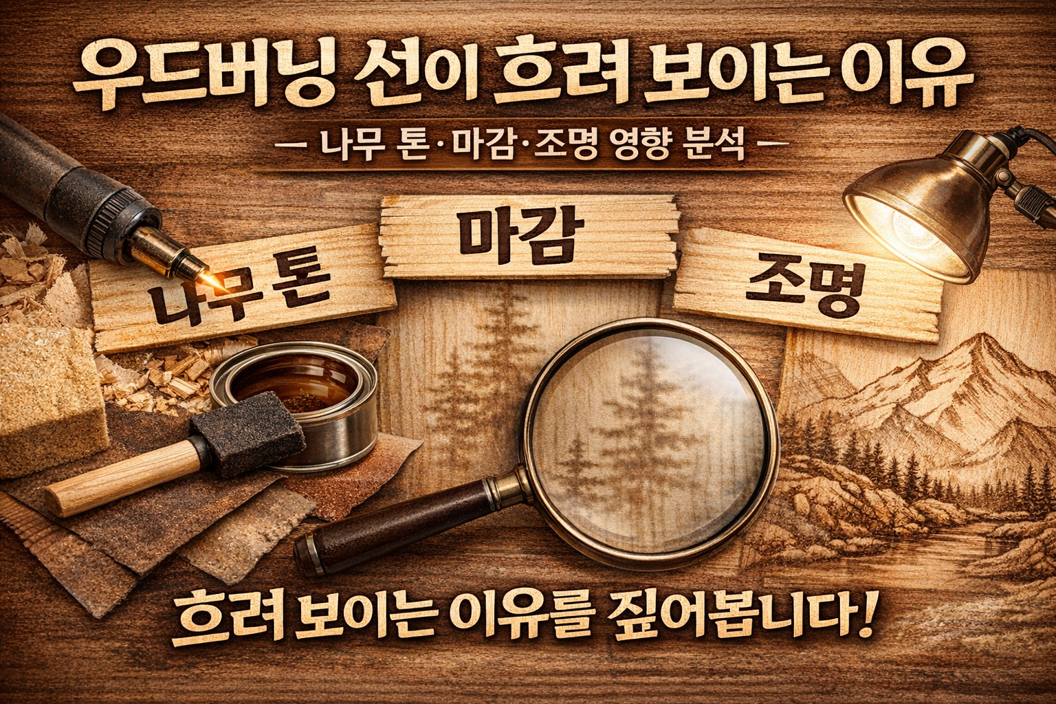 우드버닝 선이 흐려 보이는 이유-나무 톤&middot;마감&middot;조명 영향 분석
