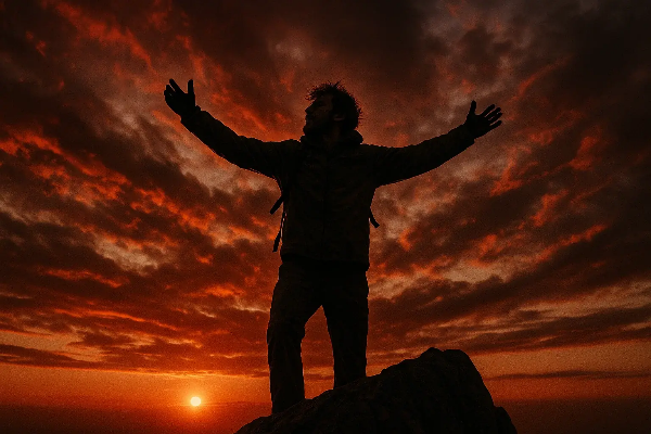 붉은 노을 아래 팔 벌려 선 인물의 실루엣