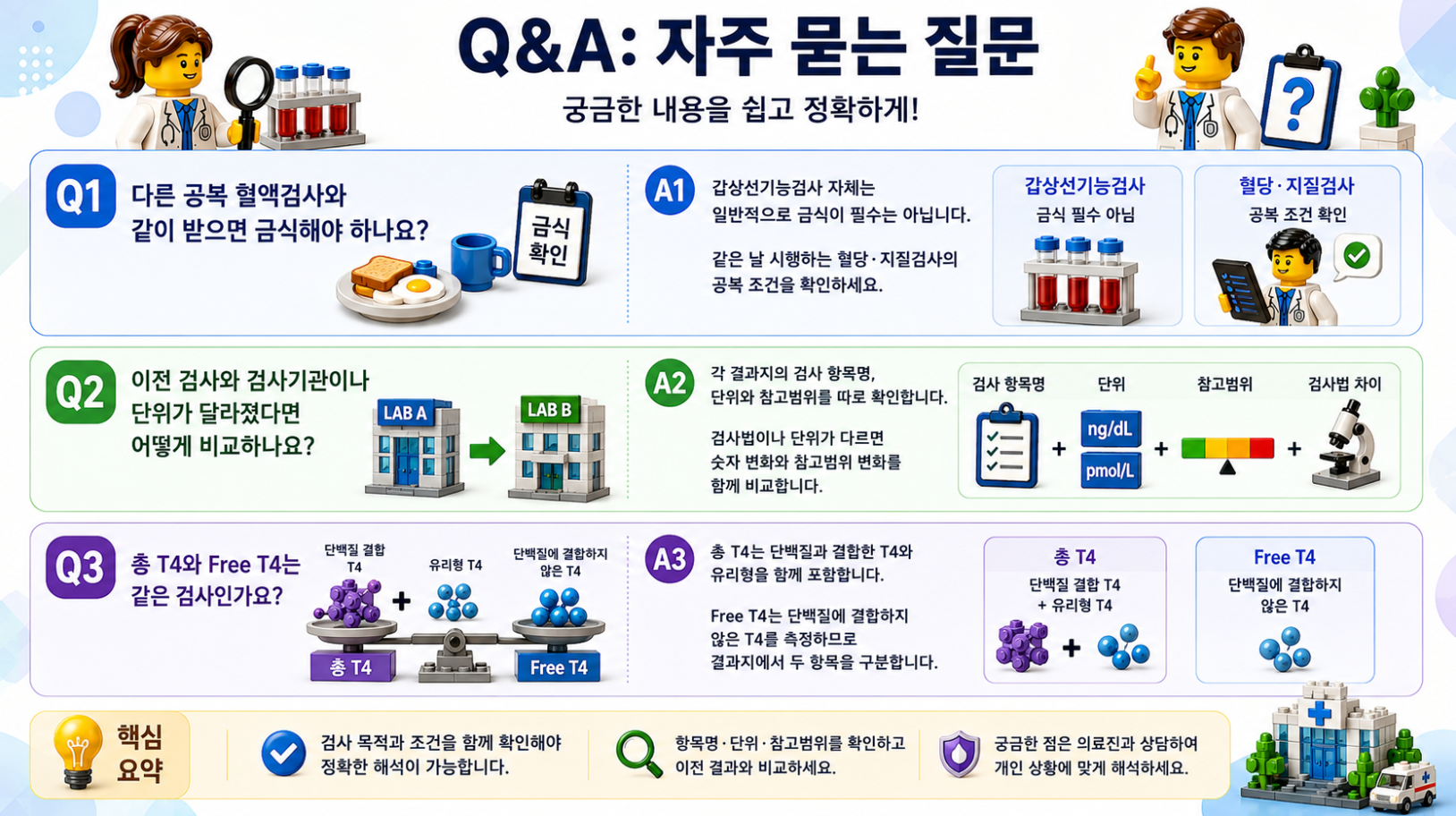 갑상선기능검사 자주 묻는 질문과 공복 여부, 검사기관 비교, 총 T4와 Free T4 차이를 설명하는 메디컬 인포그래픽