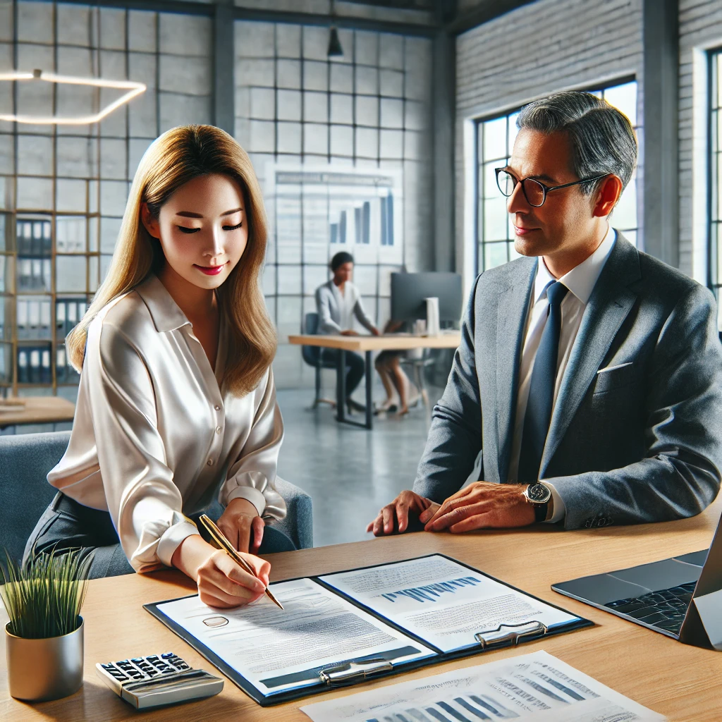 여성(30대)이 은행 사무실에서 금융 상담사와 함께 개인형 퇴직연금(IRP) 서류를 작성하는 모습