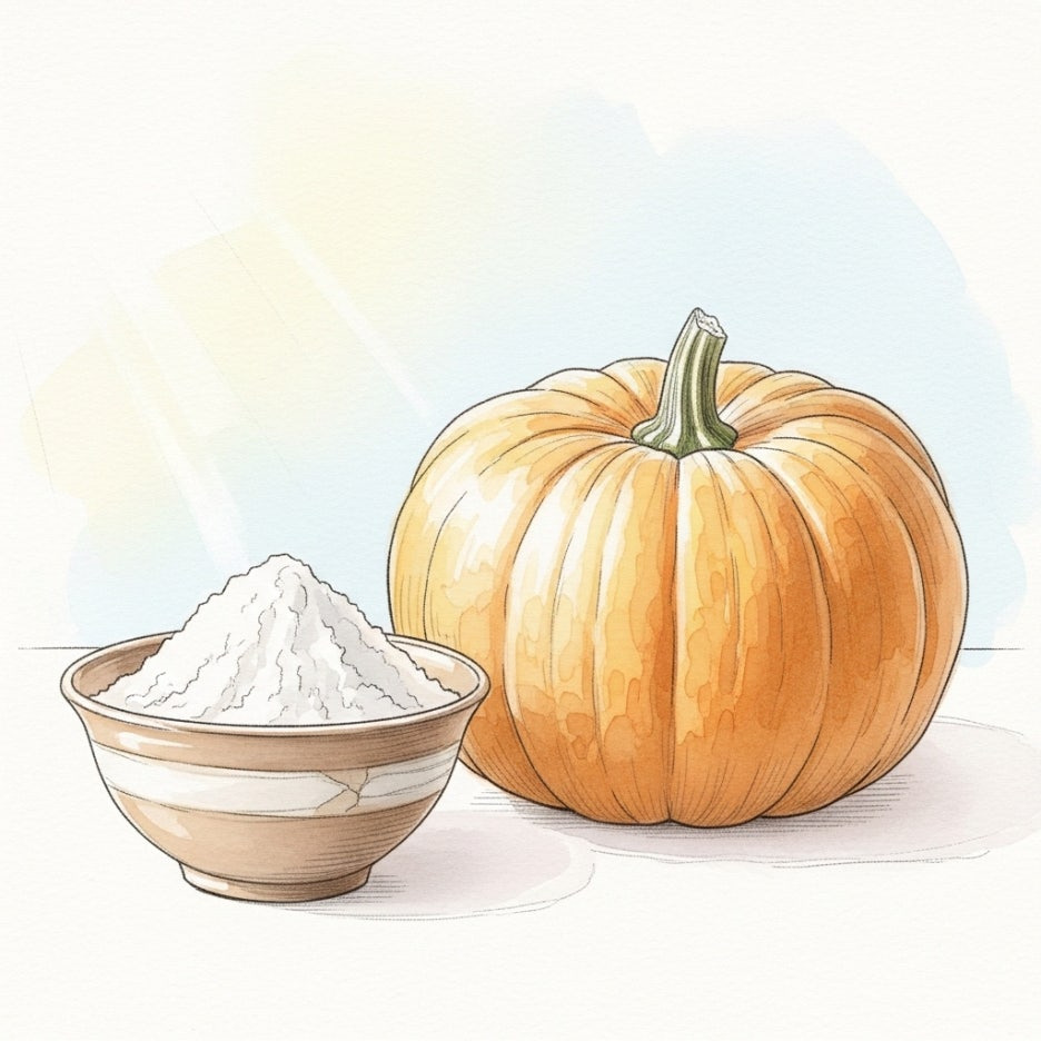 신선한 단호박과 쌀가루가 놓인 따뜻한 주방 풍경