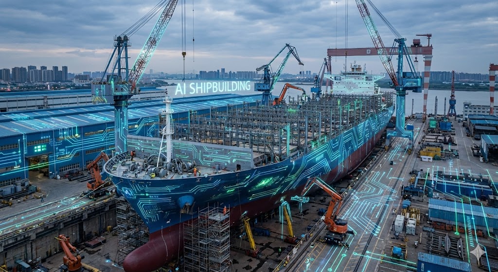 거대한 컨테이너선이 건조되는 조선소의 웅장한 풍경과 AI 로봇 팔 그래픽