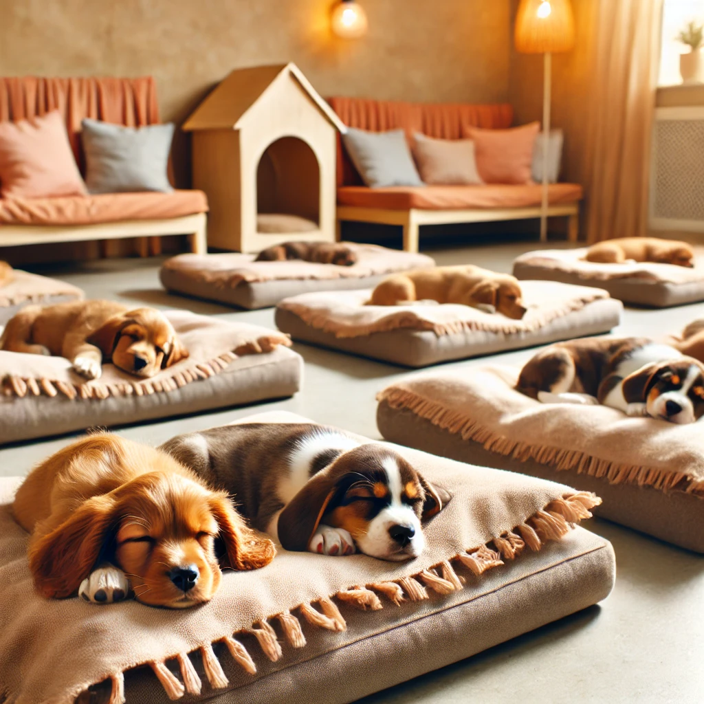 강아지 여러마리가 쿠션에 나란히 누워 자고 있습니다