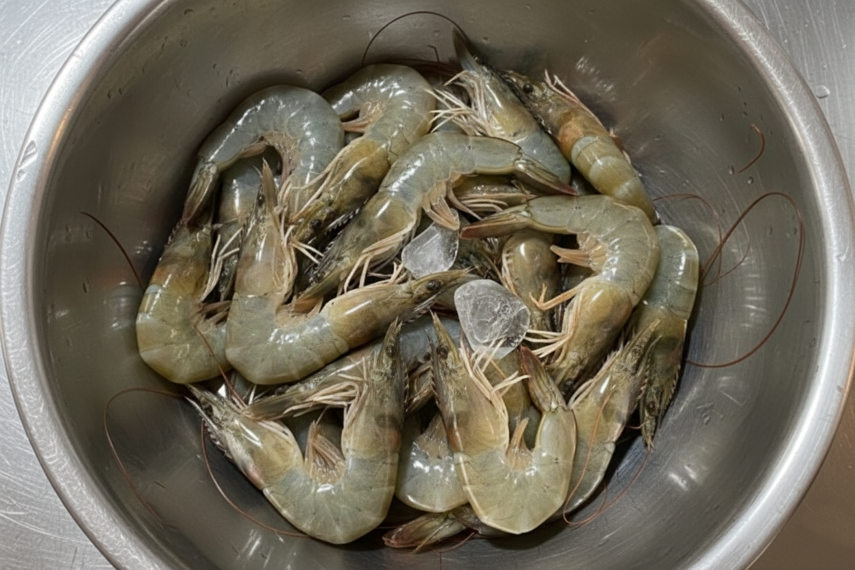 수염이 길고 꼬리가 무지갯빛을 띠는 싱싱한 자연산 대하의 모습.