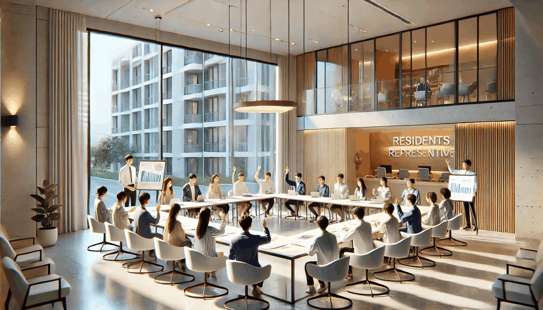 아파트 입주자대표회의에서 주민들이 모여 회의하며 단지 운영을 논의하는 모습