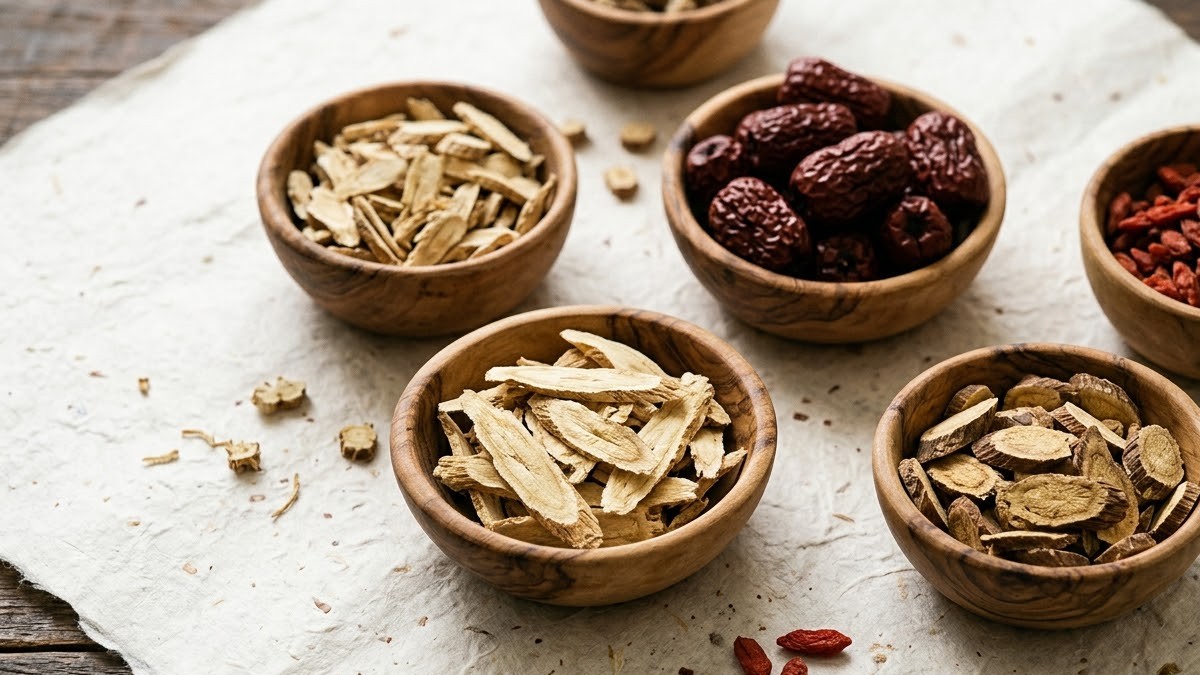 나무 그릇에 정갈하게 담긴 황기, 대추, 감초 등 한약재