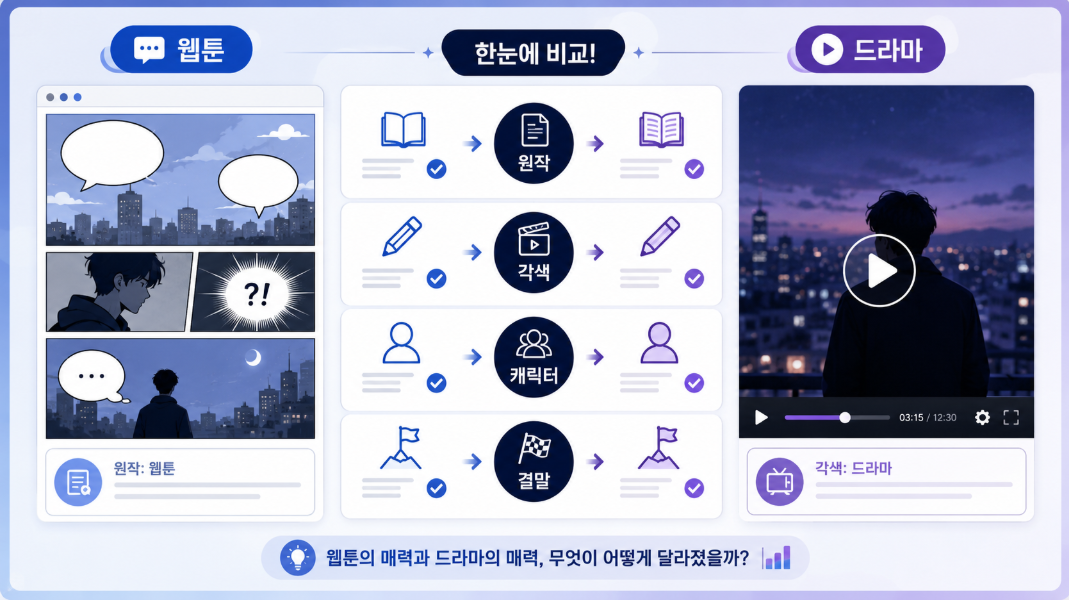 웹툰 원작과 드라마 각색 차이를 비교하는 인포그래픽 이미지