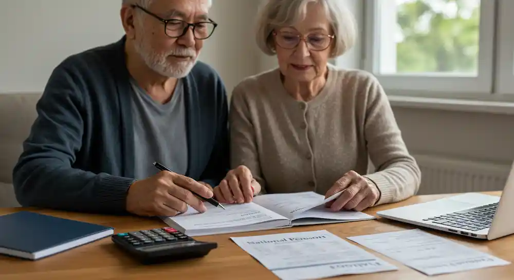 노부부가 책상 위 연금 관련 서류를 함께 검토하며 계산기를 놓고 재정 계획을 세우는 모습