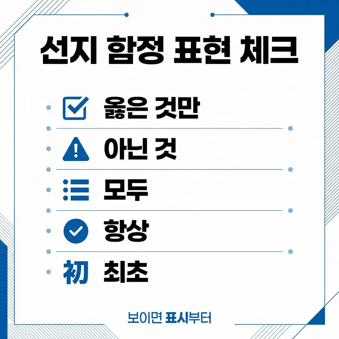 한능검 선지 함정 표현(옳은 것만·아닌 것·모두·항상·최초)을 체크하도록 만든 요약 포스터 이미지