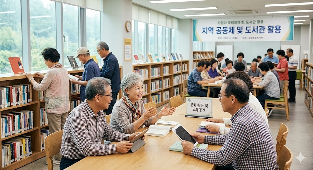 밝고 아늑한 도서관 복합 문화 공간에서 시니어들이 함께 책을 읽고 노트북으로 소통하며 제2의 인생을 즐기는 모습