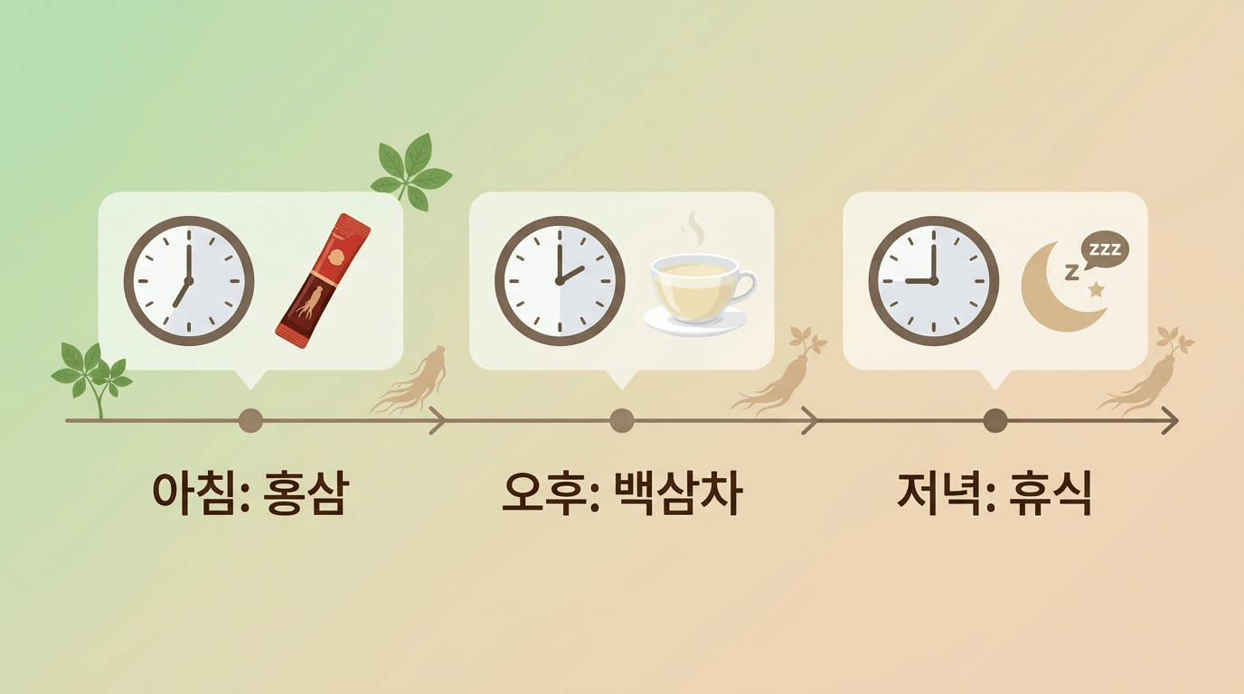시간대별 홍삼 인삼 복용 루틴 아이콘 일러스트