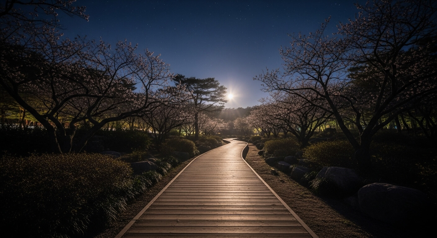 달빛이 비추는 궁궐 정원의 나무길