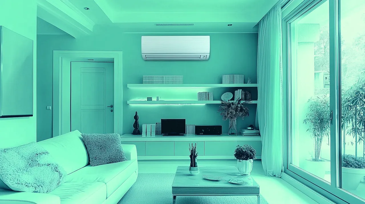 현대적인 거실 안에 설치된 슬림하고 세련된 디자인의 에어컨이 시원하고 쾌적한 바람을 발산하며, 효율적인 공간 사용과 에너지 절약을 돕고 있습니다. 청량한 분위기와 우아한 인테리어 조화로 쾌적함을 더합니다.