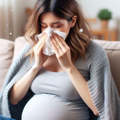 임산부가 알러지비염으로 코를 닦고 있다.
