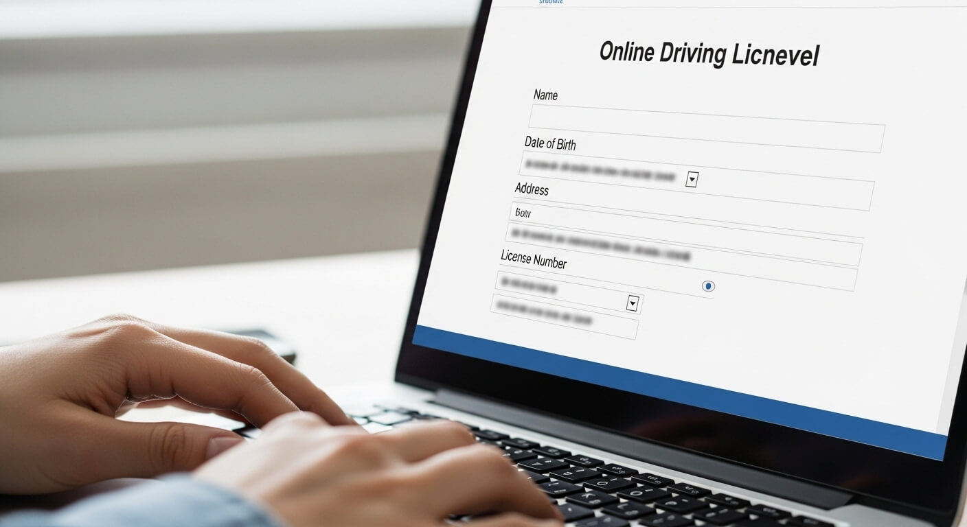 노트북으로 운전면허 갱신 신청서를 작성하는 사람