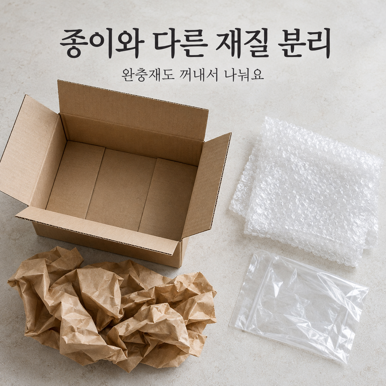 택배 상자에서 꺼낸 종이 완충재와 비닐 에어캡을 서로 나누어 놓은 AI 생성 예시