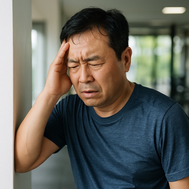 운동 후 어지럼증을 느끼며 눈을 감고 균형을 잡으려는 중년 남성(출처: 자체제작)