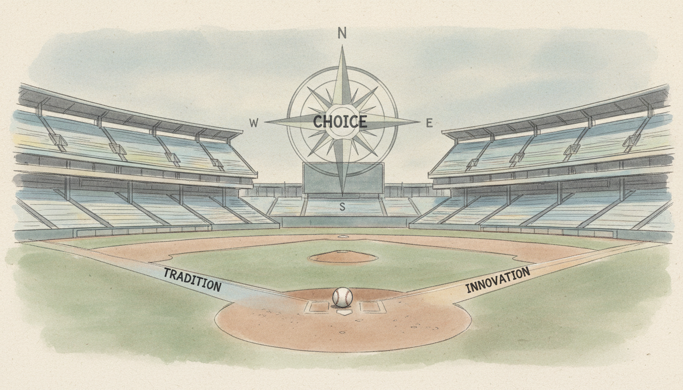 Editorial illustration of a professional baseball stadium at a strategic turning point, symbolizing team restructuring and long-term planning before a new season
