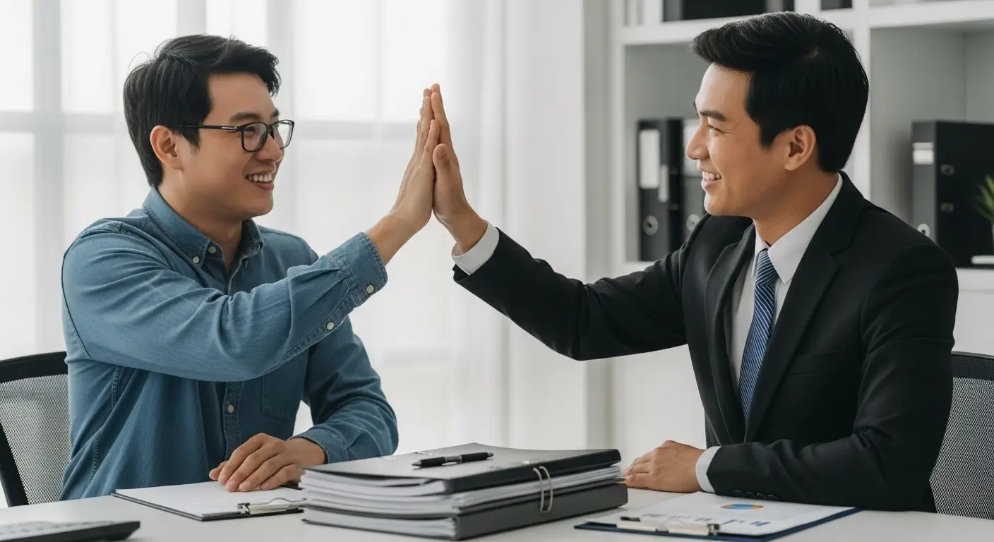 한 프리랜서가 전문 컨설턴트와 함께 꼼꼼하게 준비한 대출 서류 뭉치를 보며 자신감 있게 웃는 모습