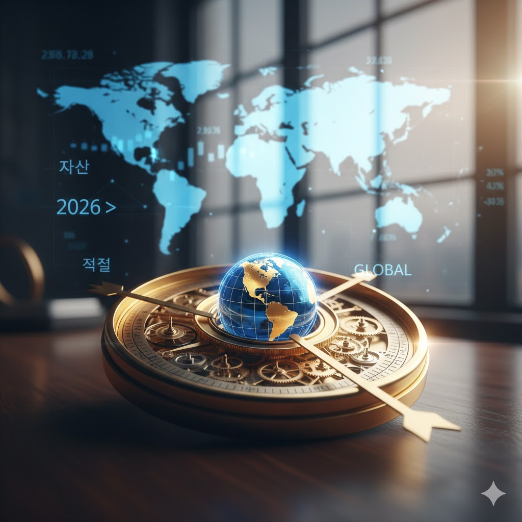 2026 글로벌 자산 배분을 상징하는 황금 나침반과 스위스 시계 톱니바퀴 / A golden compass and Swiss watch gears symbolizing 2026 global asset allocation.