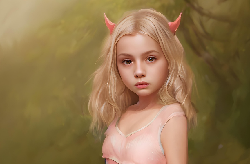 분홍색 드레스를 입고 뿔을 단 금발 소녀가 숲속에서 정면을 바라보고 있는 천사의 탈을 쓴 악마 여자아이