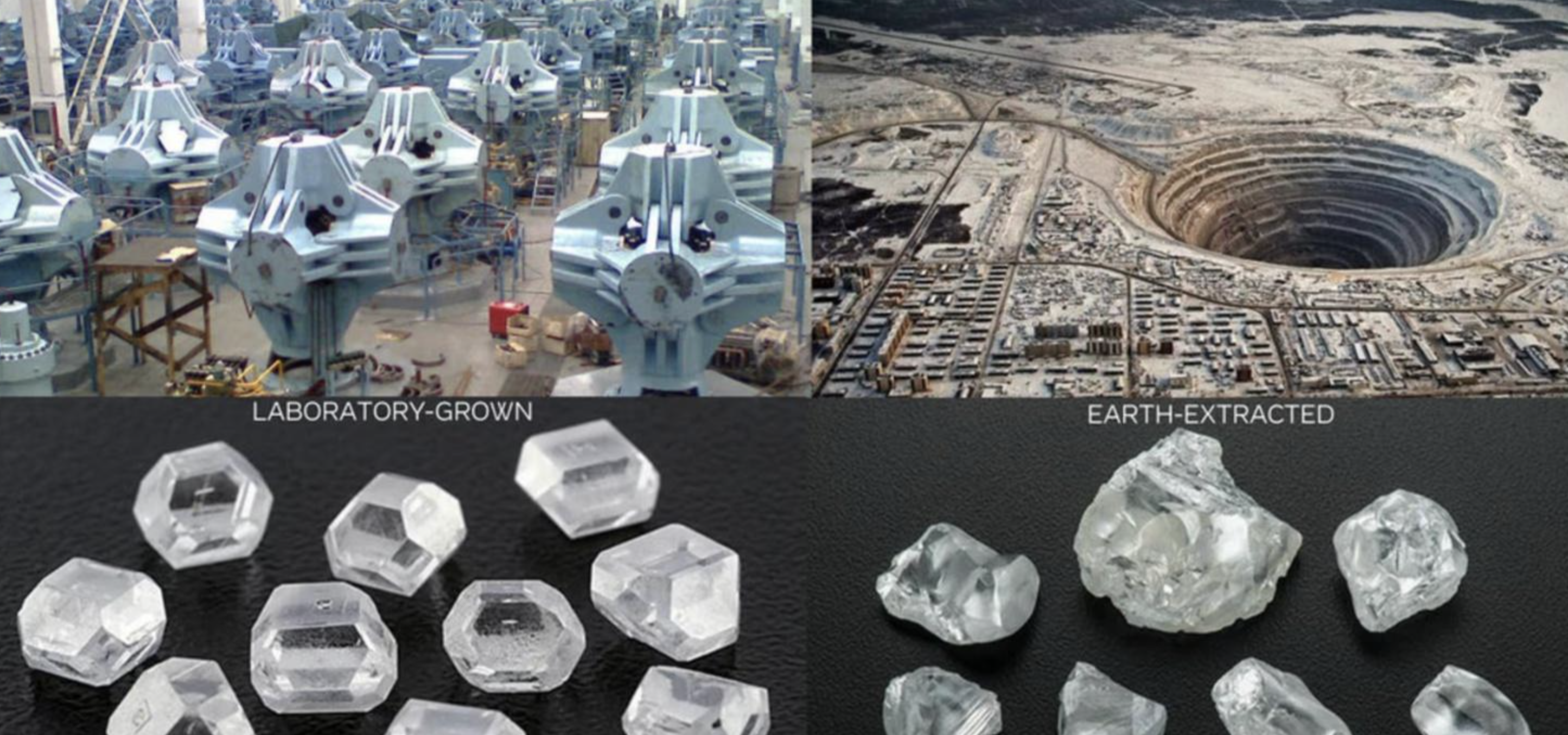 양식 다이아몬드와 다이아몬드 원석 비교 사진