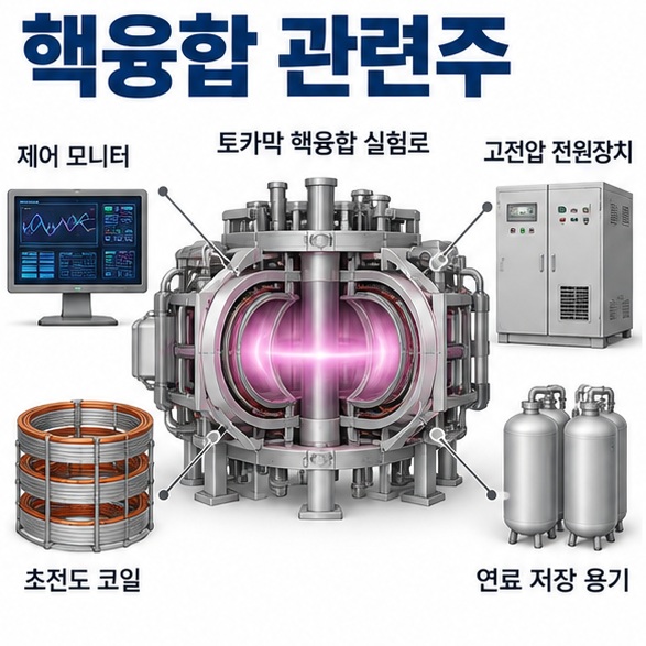 핵융합 관련주 문구와 토카막 핵융합로 제어 전원 코일 연료 계통을 상징하는 대표 인포그래픽