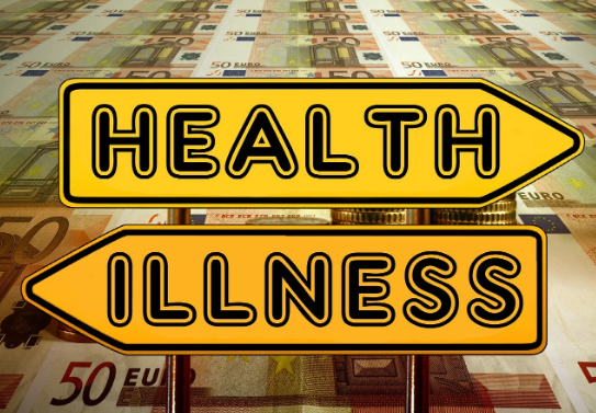 돈배경에 건강과 질병 표지판 이미지