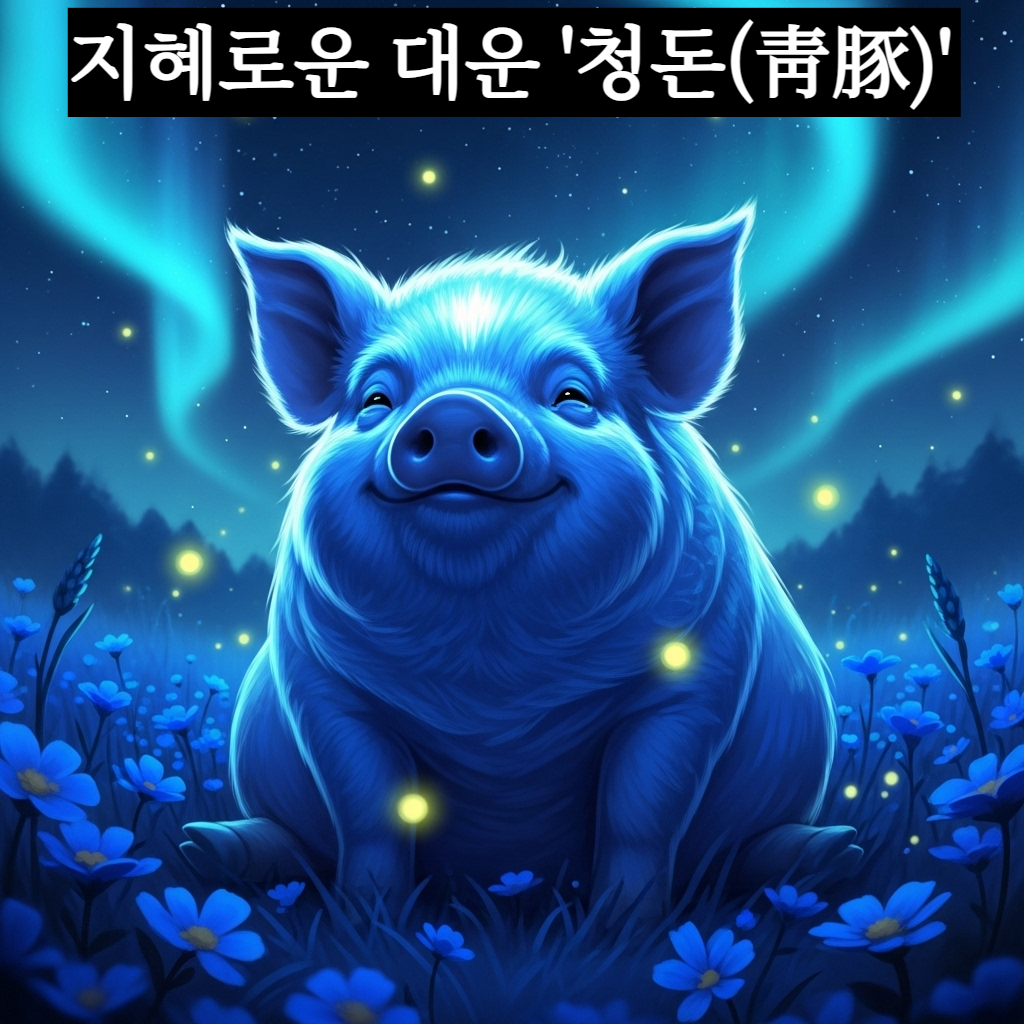 신비로운 안개 속에서 맑고 푸른 빛을 띠는 귀여운 돼지가 자애로운 표정으로 정면을 응시하고 있는 몽환적이고 고귀한 일러스트