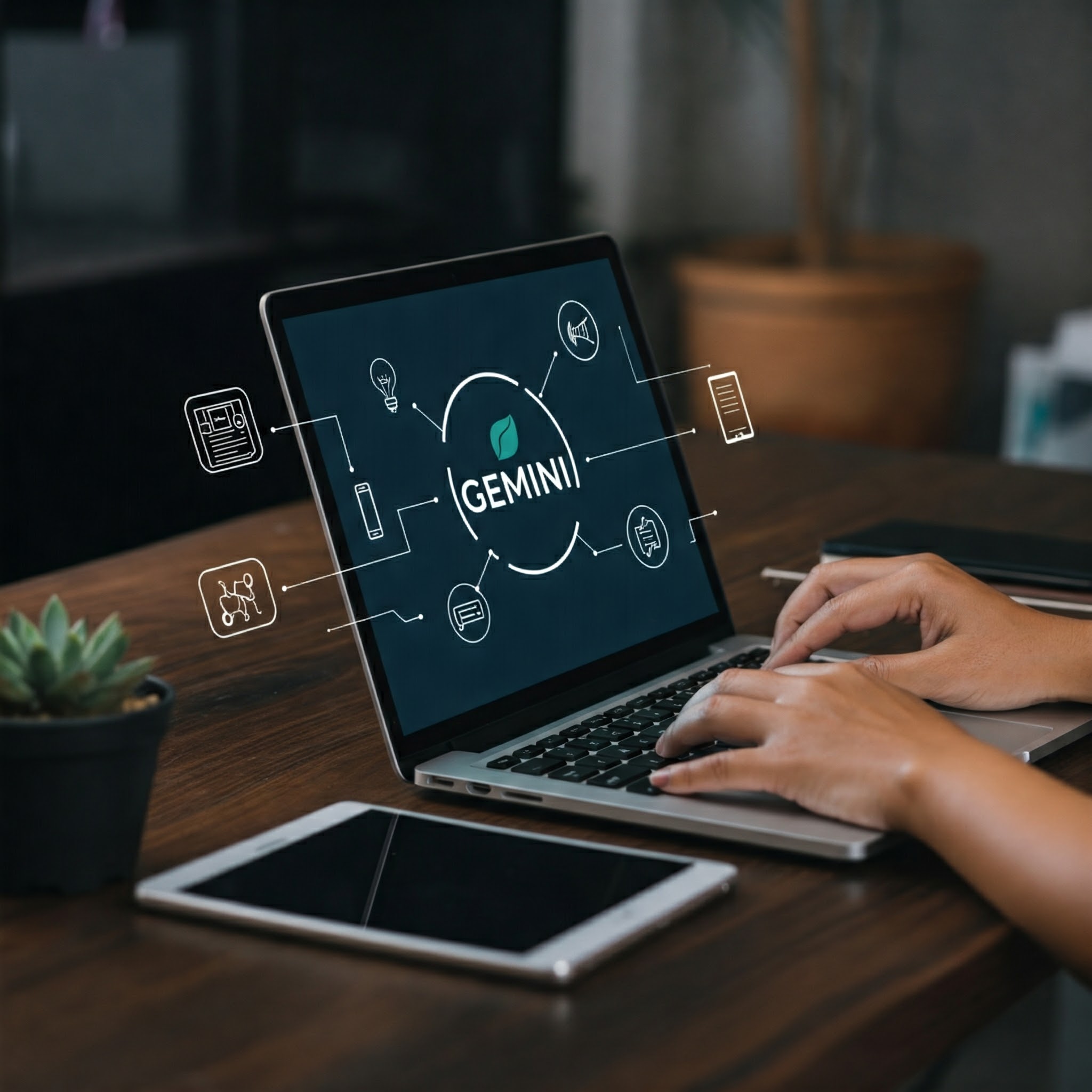 Gemini 로고가 있는 노트북 화면을 보며 업무 중