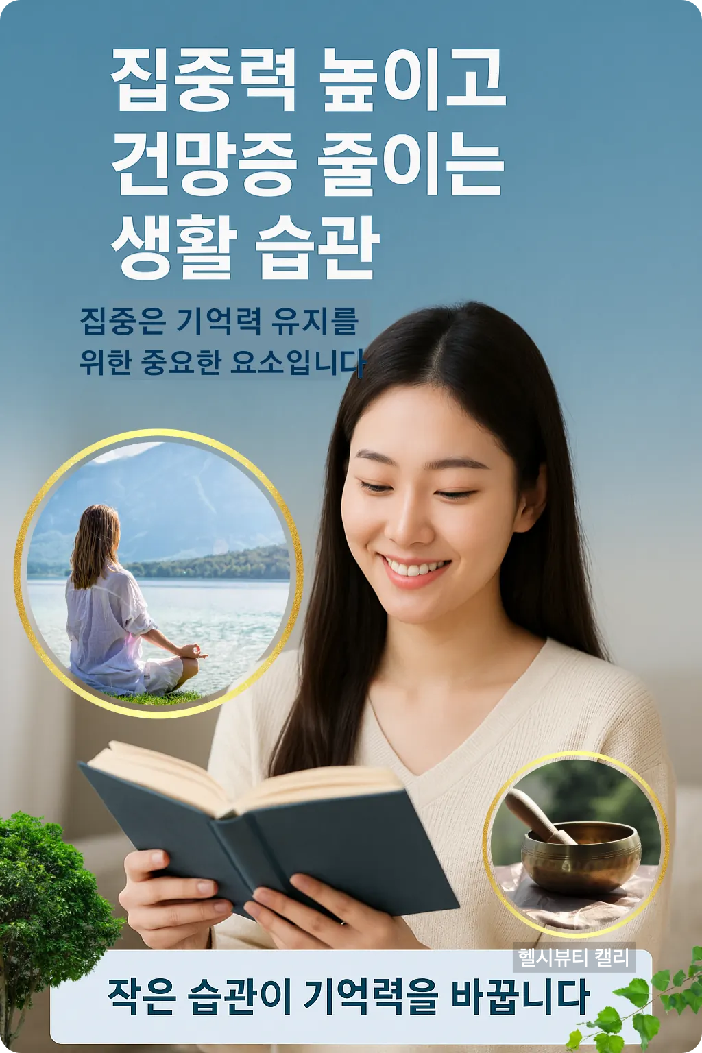 20대 여성이 독서를 하며 집중력을 높이는 모습의 고화질 인포그래픽 - 뇌 건강 습관을 소개