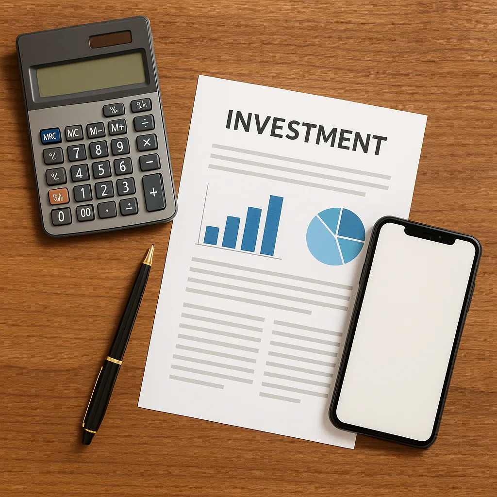 나무 책상 위 재무 계획 도구의 평면 이미지