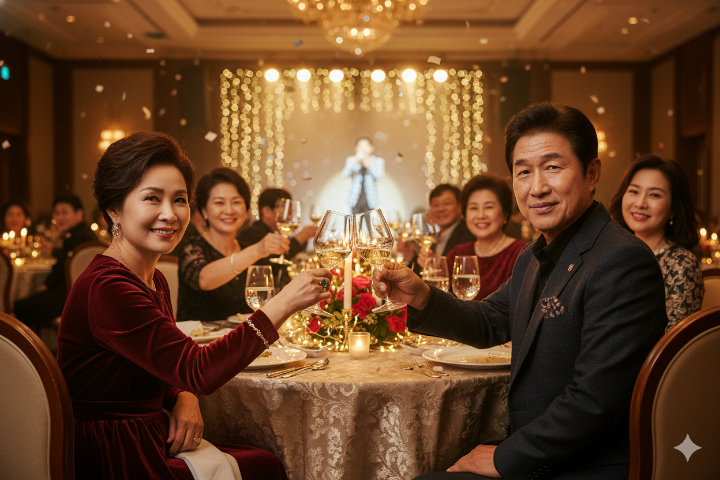 따뜻한 조명 아래 와인 잔을 들고 미소 짓는 부모님 연령대 관객들의 모습