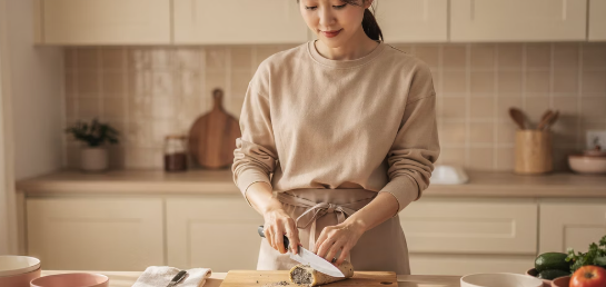 한국인이 주방에서 곰팡이 핀 음식을 도려내는 모습