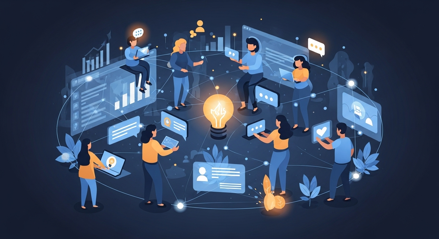 서로 소통하며 활발하게 교류하는 다채로운 온라인 커뮤니티. 멤버십과 슈퍼챗을 통한 채널 수익화 및 팬덤 구축을 상징합니다.