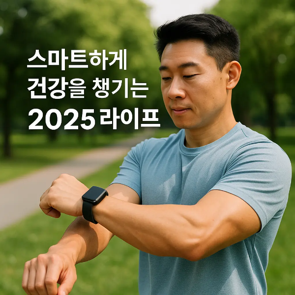 스마트워치를 착용한 한국인 남성이 공원에서 스트레칭을 하며 건강 데이터를 확인하는 모습, 텍스트 포함